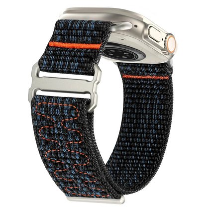 Upgraded sport loop watch band in black and orange nylon, compatible with Apple Watch, unisex design, for 41mm and 45mm models.