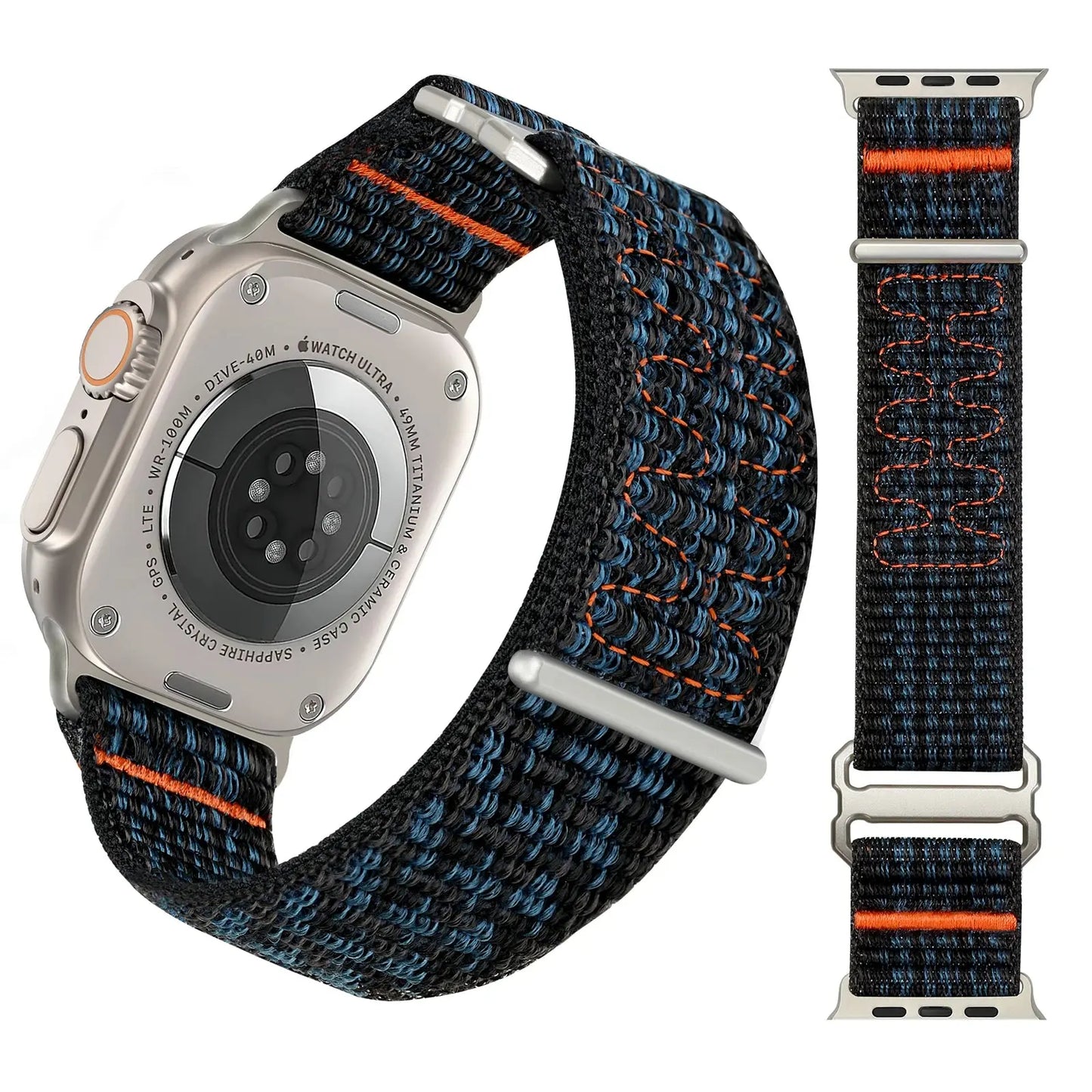 Upgraded Sport Loop Band for Apple Watch, blue and black nylon strap with orange accents, unisex 41mm and 45mm compatible.