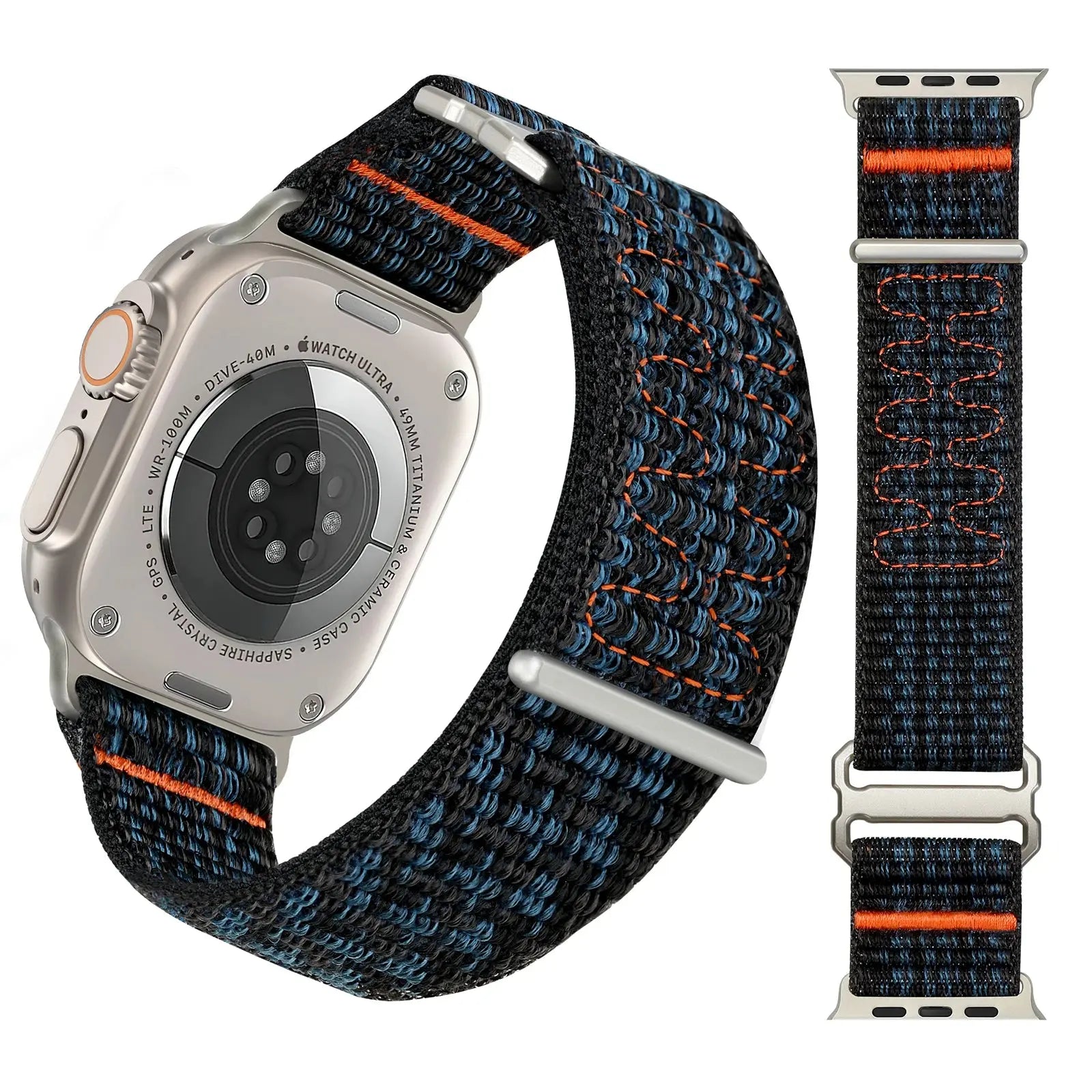 Upgraded Sport Loop Band for Apple Watch, blue and black nylon strap with orange accents, unisex 41mm and 45mm compatible.