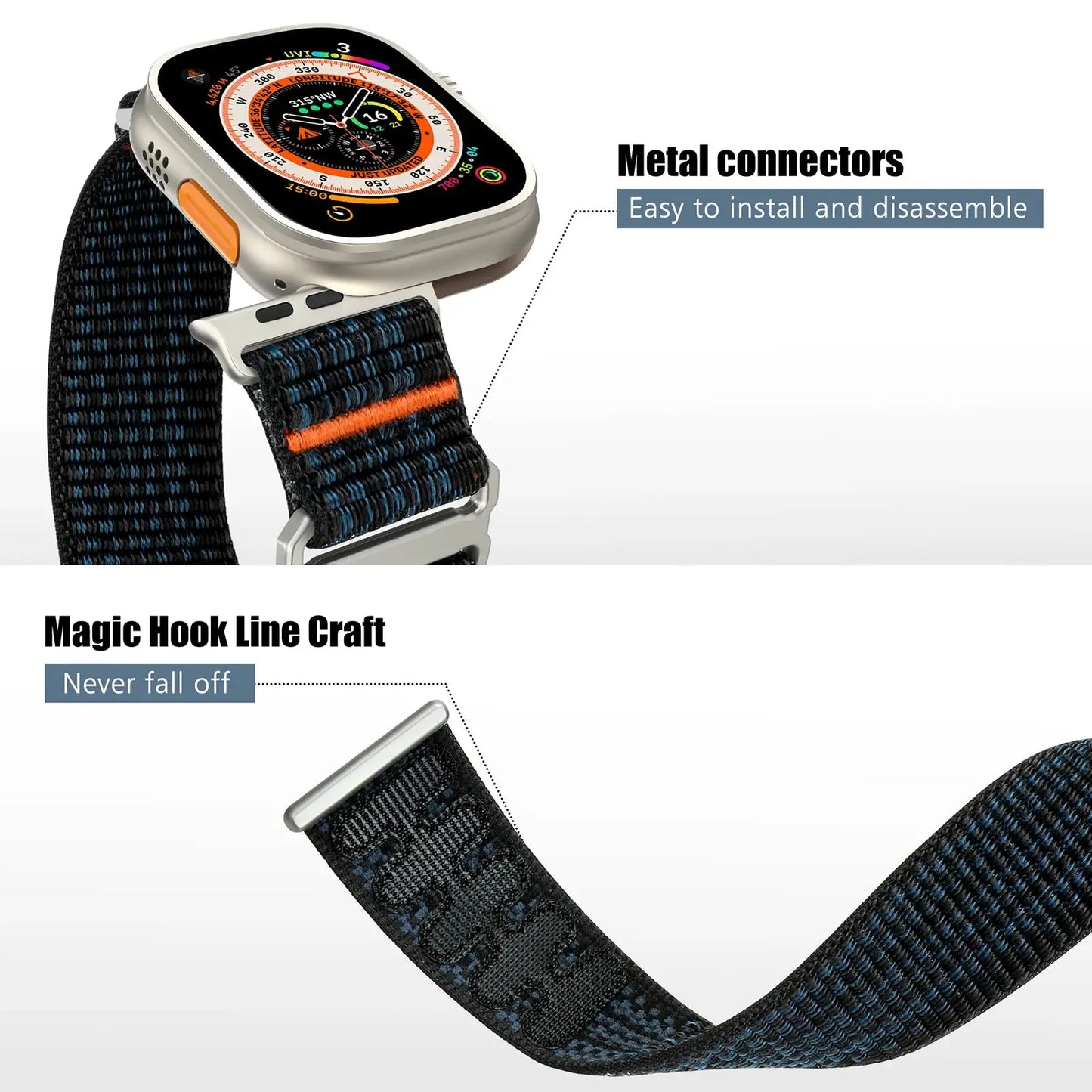 Upgraded sport loop bands with metal connectors for Apple Watch, featuring magic hook line craft for secure fit and easy installation.