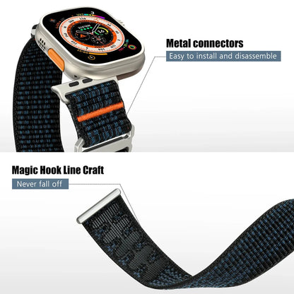 Upgraded sport loop bands with metal connectors for Apple Watch, featuring magic hook line craft for secure fit and easy installation.