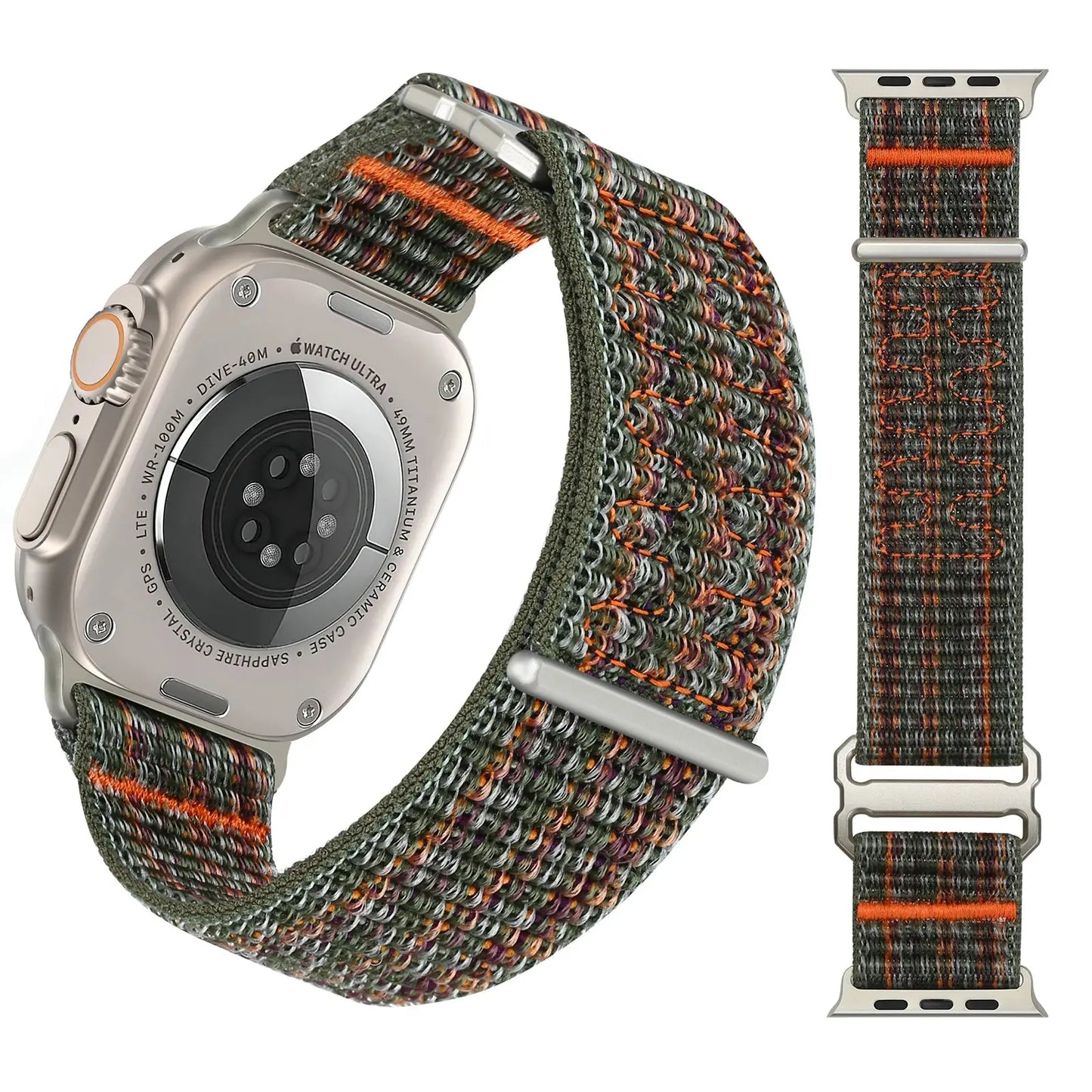 Upgraded Sport Loop Band for Apple Watch, 41mm and 45mm, durable nylon in green with orange accents, unisex design.