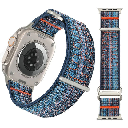 Upgraded Sport Loop Band for Apple Watch, blue and orange nylon strap, fits 41mm and 45mm models, unisex design.