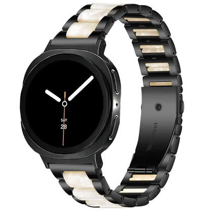 Women Resin Stainless Steel Band for Samsung Galaxy Watch 9 and Galaxy Watch 9 and Watch 8/Ultra featuring black and white design.