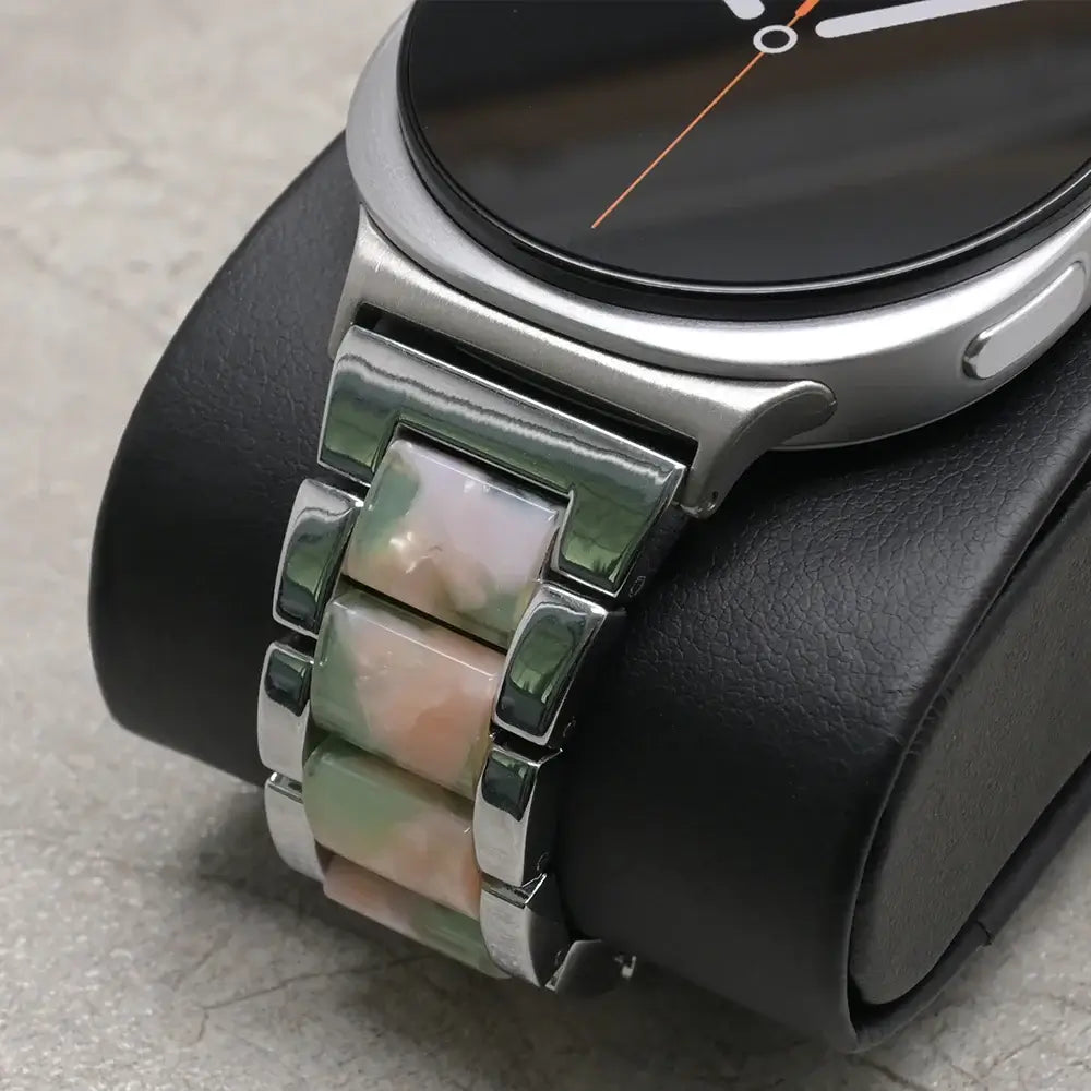 Women Resin Stainless Steel Band for Samsung Galaxy Watch 9 and Galaxy Watch 9 and Watch 8/Ultra showcasing elegant design and unique patterns.