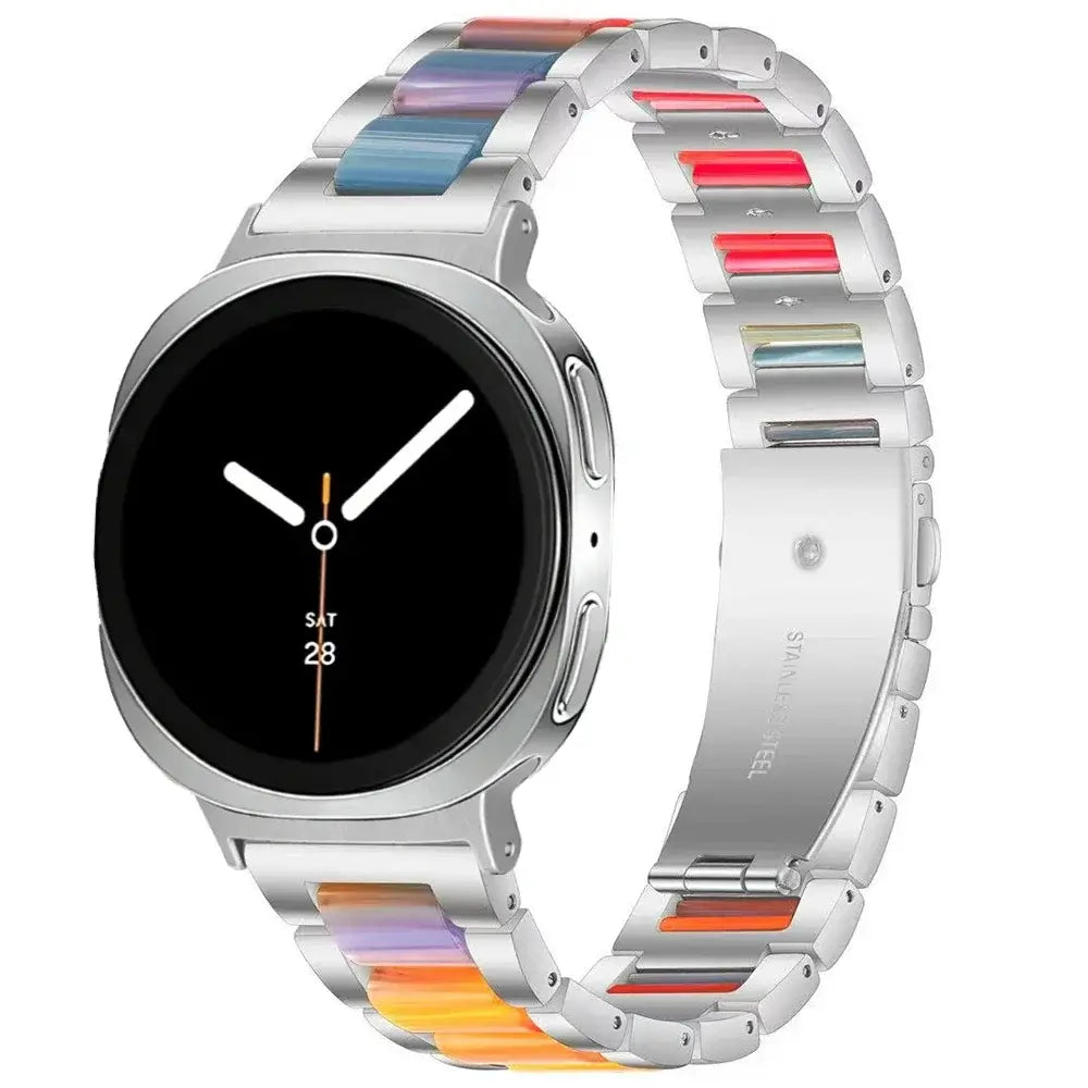 Women Resin Stainless Steel Band for Samsung Galaxy Watch 8/Ultra on a stylish smartwatch with unique color patterns.