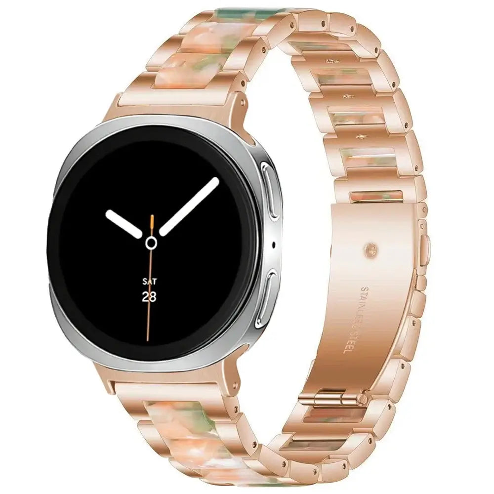 Women Resin Stainless Steel Band for Samsung Galaxy Watch 9 and Galaxy Watch 9 and Watch 8/Ultra on a stylish smartwatch featuring a chic design.