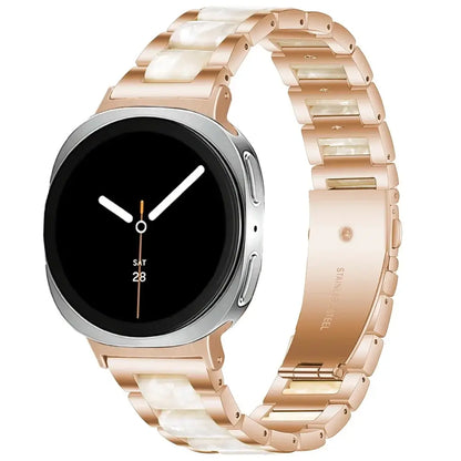 Women Resin Stainless Steel Band for Samsung Galaxy Watch 9 and Galaxy Watch 9 and Watch 8/Ultra on a stylish smartwatch with a chic design.