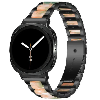 Women Resin Stainless Steel Band for Samsung Galaxy Watch 9 and Galaxy Watch 9 and Watch 8/Ultra with chic black and colorful resin design.