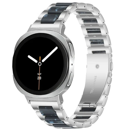 Women Resin Stainless Steel Band for Samsung Galaxy Watch 9 and Galaxy Watch 9 and Watch 8/Ultra on a stylish smartwatch, showcasing durability and elegance.
