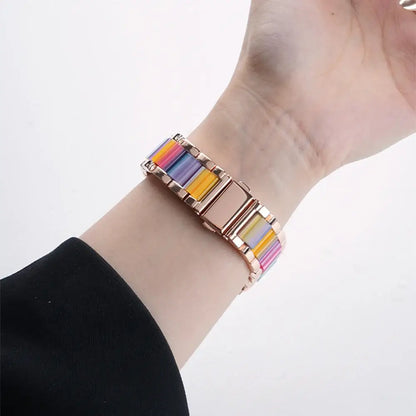 Women Resin Stainless Steel Band for Samsung Galaxy Watch 9 and Galaxy Watch 9 and Watch 8/Ultra in colorful design worn on wrist