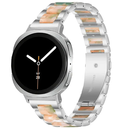 Women Resin Stainless Steel Band for Samsung Galaxy Watch 9 and Galaxy Watch 9 and Watch 8/Ultra with chic pattern and elegant design.