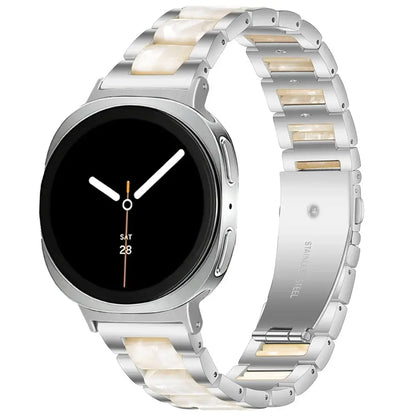 Women Resin Stainless Steel Band for Samsung Galaxy Watch 9 and Galaxy Watch 9 and Watch 8/Ultra in elegant design with chic colors and patterns.