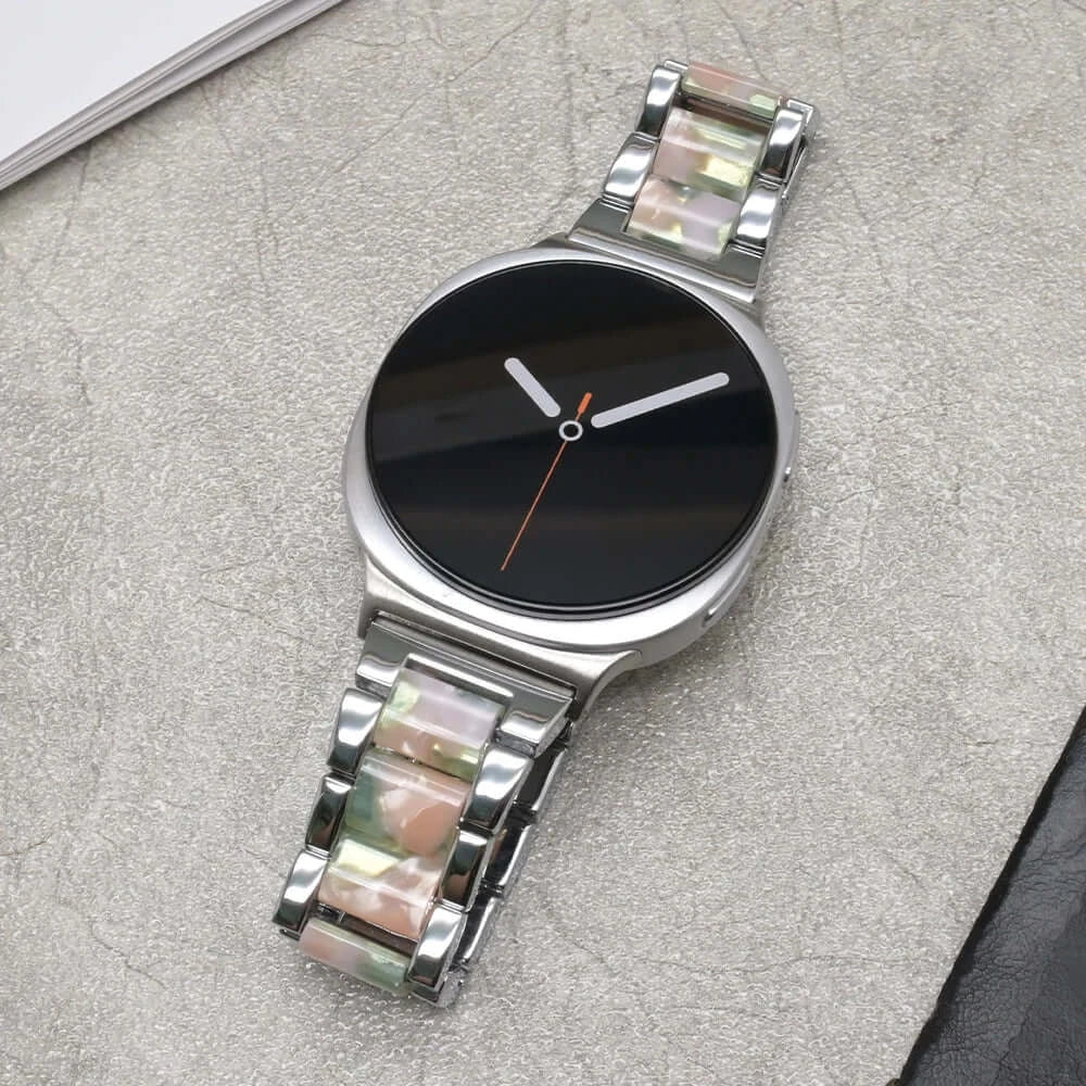 Women Resin Stainless Steel Band for Samsung Galaxy Watch 9 and Galaxy Watch 9 and Watch 8/Ultra with elegant patterns and colors.