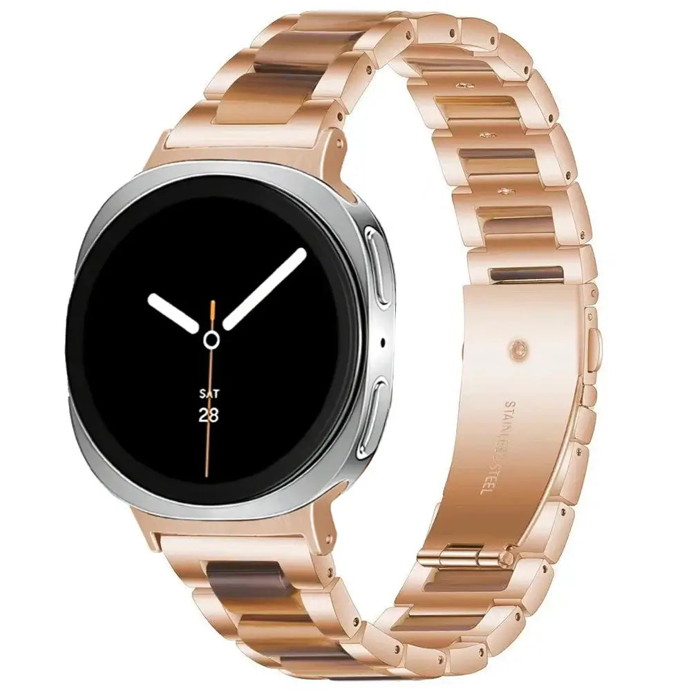 Women Resin Stainless Steel Band for Samsung Galaxy Watch 9 and Galaxy Watch 9 and Watch 8/Ultra in rose gold color with chic design.