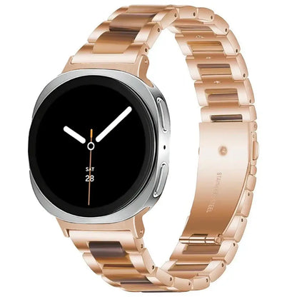 Women Resin Stainless Steel Band for Samsung Galaxy Watch 9 and Galaxy Watch 9 and Watch 8/Ultra in rose gold color with chic design.