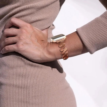 ZigZag Metal Bracelet for Apple Watch worn on wrist, stylish accessory for both casual and formal occasions.