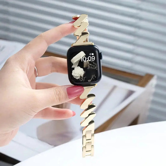 ZigZag metal bracelet for Apple Watch, stylish gold accessory showcasing unique design for daily or formal wear.