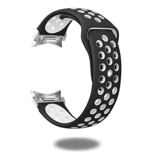 No Gaps Silicone Sports bands for Samsung Galaxy Watch in black with white perforations for comfortable workouts.