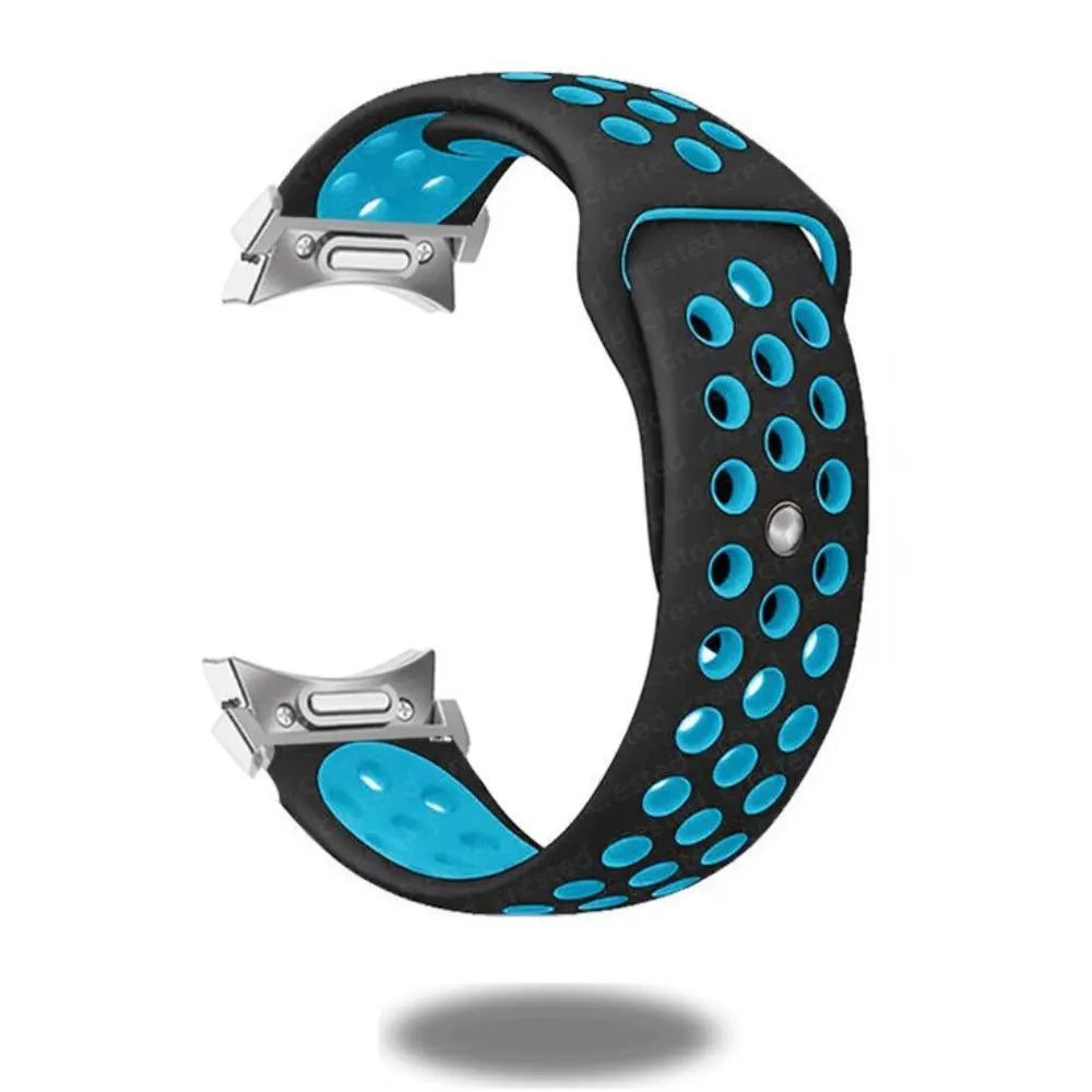 No Gaps Silicone Sports bands for Samsung Galaxy Watch in black and blue with perforations for comfort.