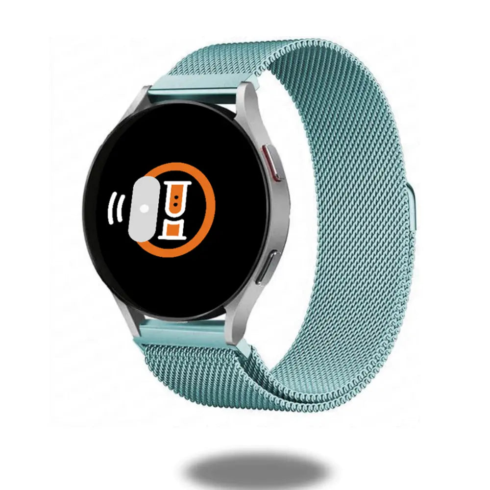 Magnetic Milanese Loop strap for Samsung Watch, turquoise color, showcasing compatibility and sleek design.