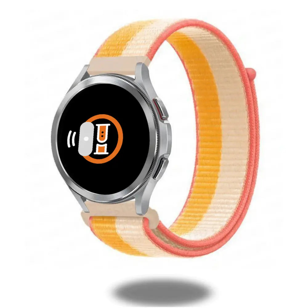 Nylon sport loop band in orange and yellow on smartwatch, lightweight and breathable adjustable design.