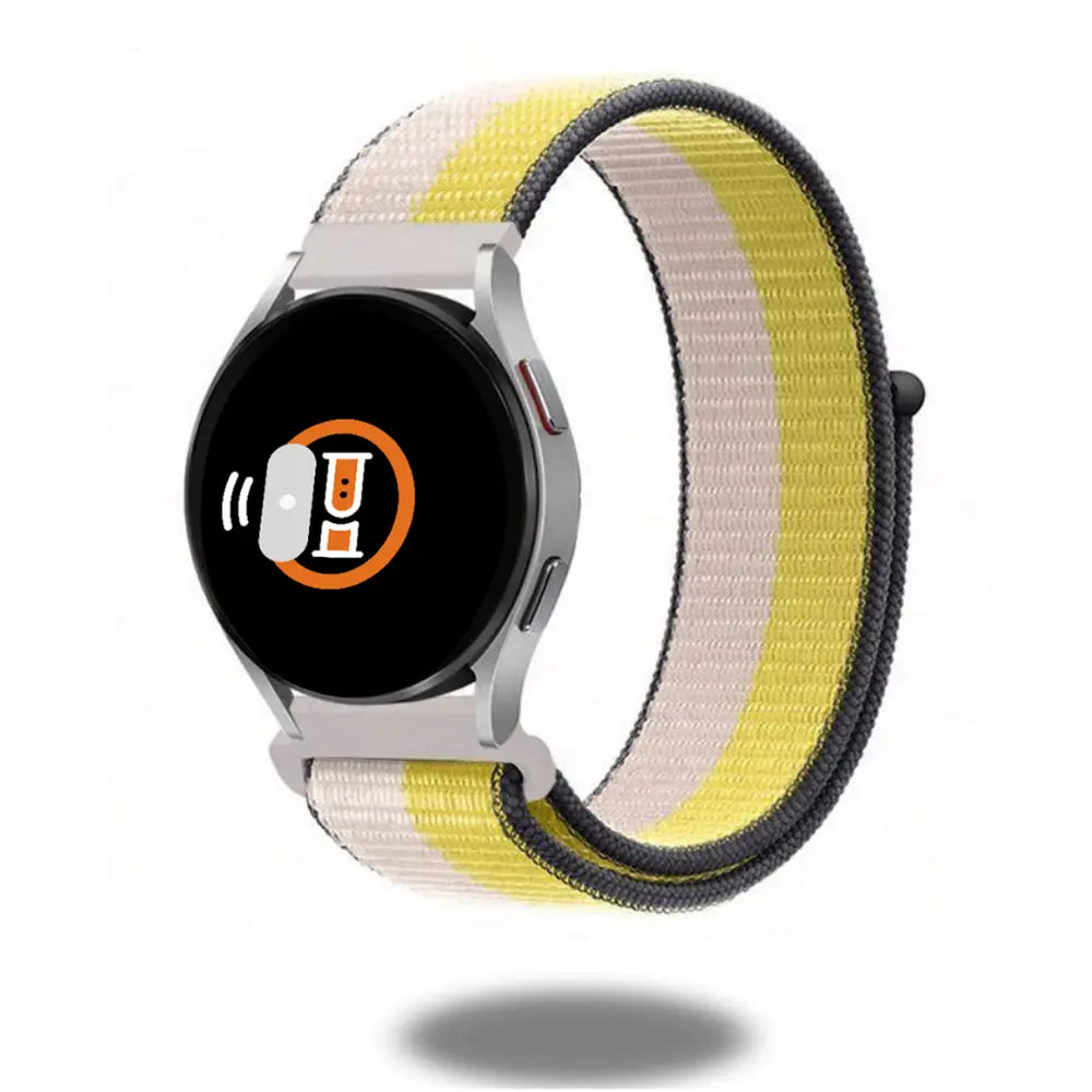 Nylon Sports Loop Band in yellow and gray attached to smartwatch, showcasing lightweight and breathable design for active use.