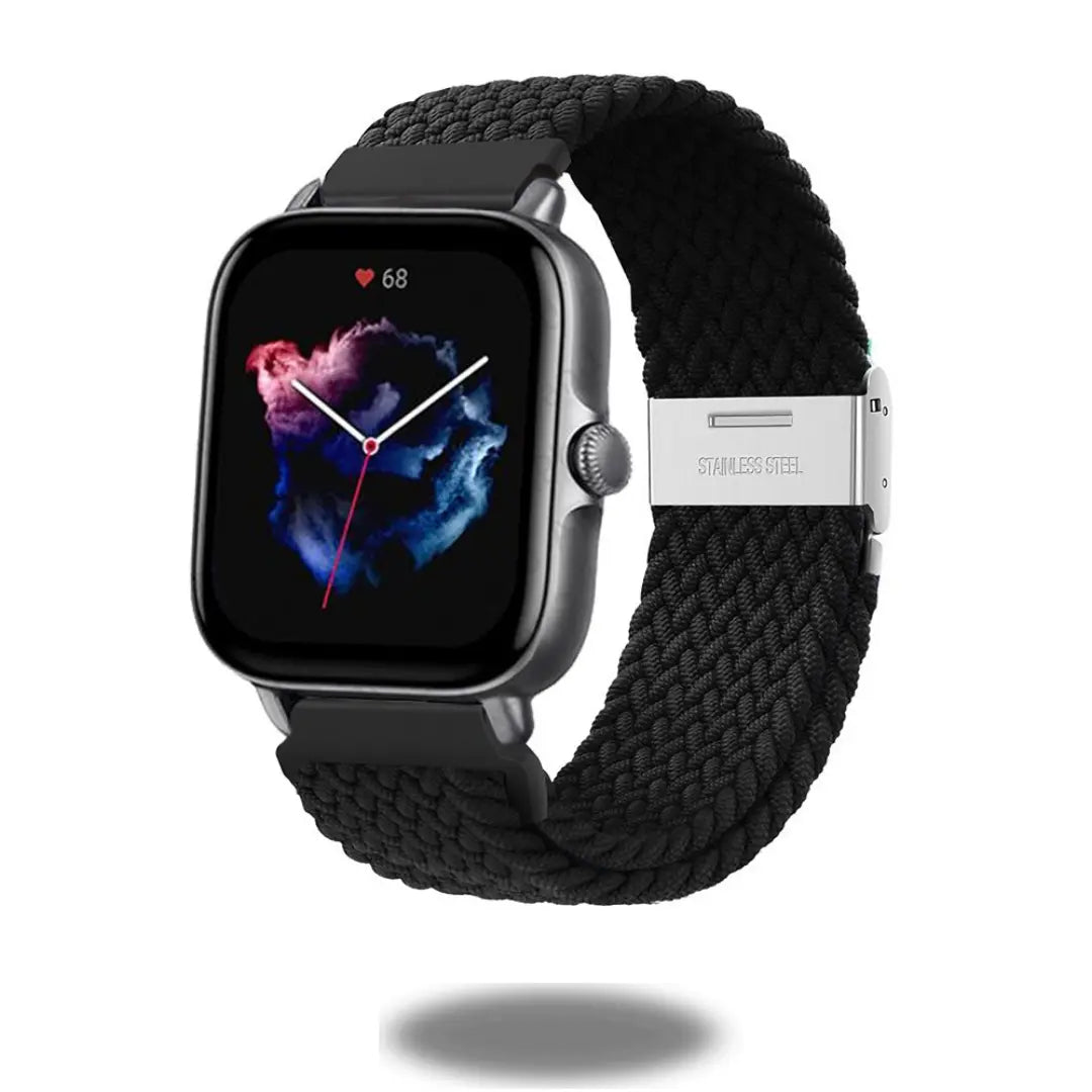 Braided nylon adjustable watch band for Amazfit Watch in black, featuring a stylish stainless steel buckle.