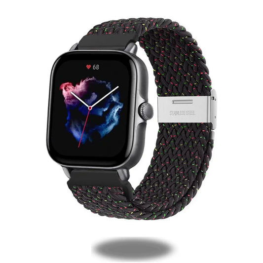 Braided nylon adjustable watch band with stainless steel buckle, showcasing a smartwatch in a stylish design.