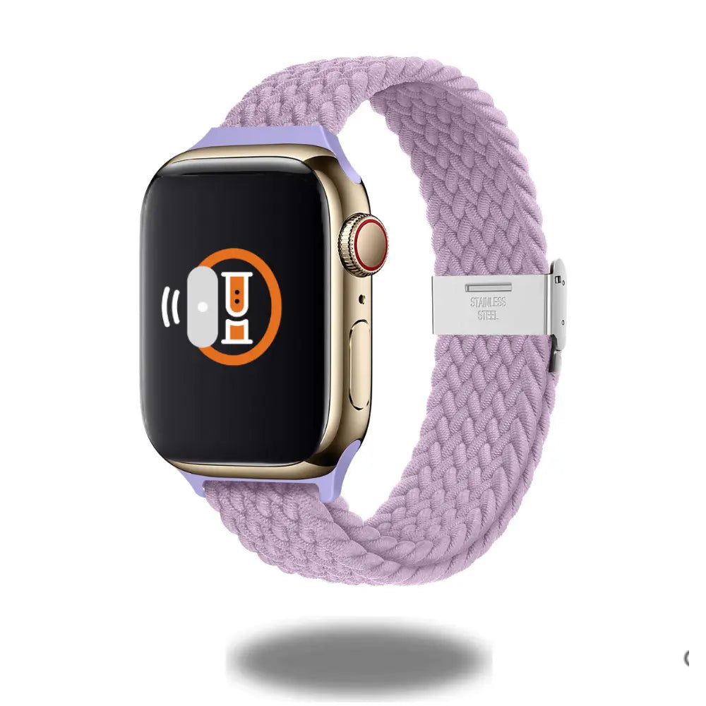 Adjustable slim braided solo loop watch band in lavender with stainless steel buckle for secure, stylish wear.