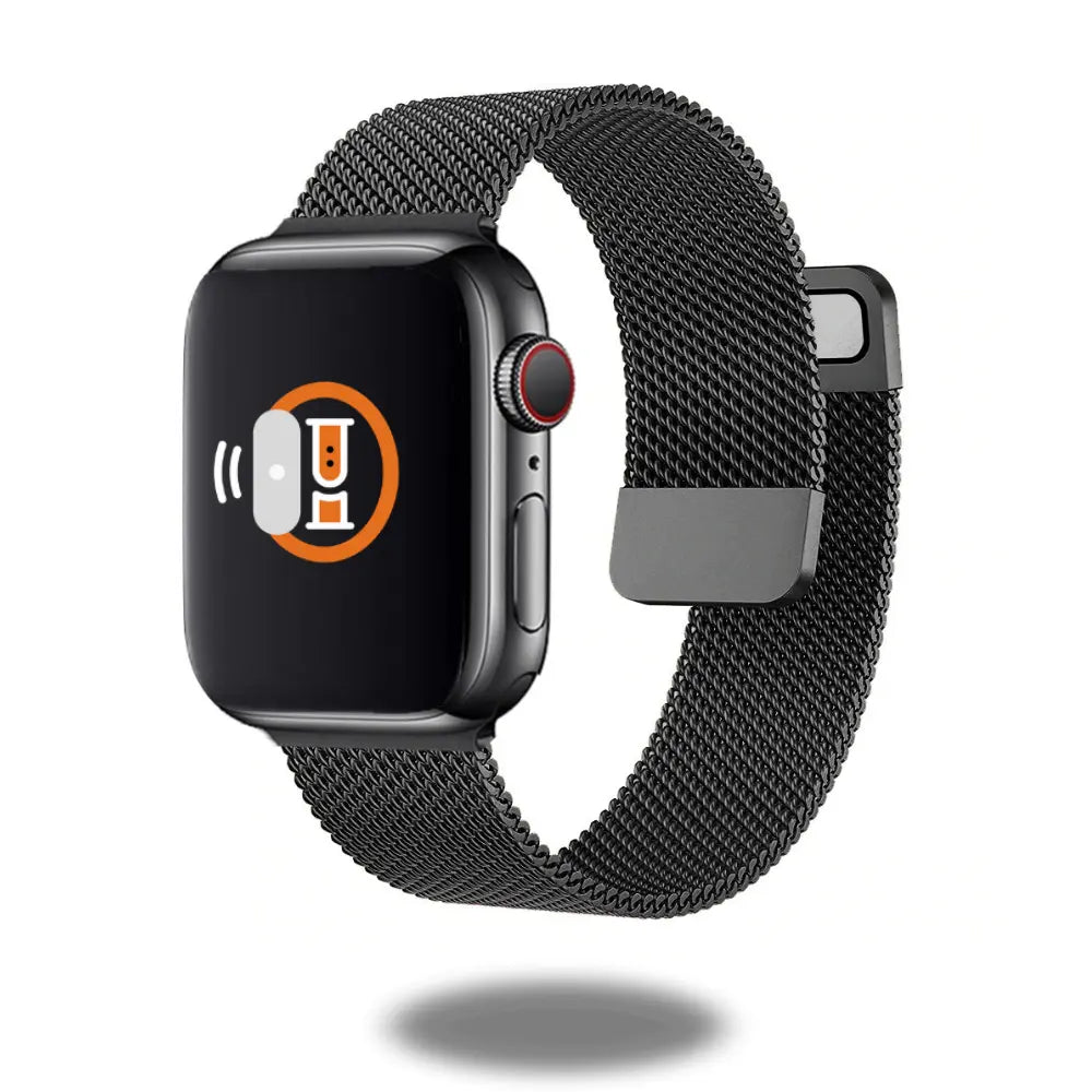 Double Magnetic Milanese Loop Apple Watch band with sturdy stainless steel mesh, adjustable fit, and secure locking mechanism.