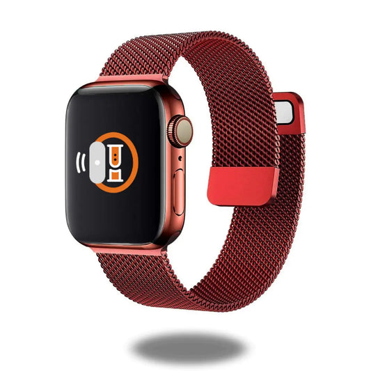 Double Magnetic Milanese Loop Apple Watch Band in red, featuring stainless steel mesh and adjustable magnet design.