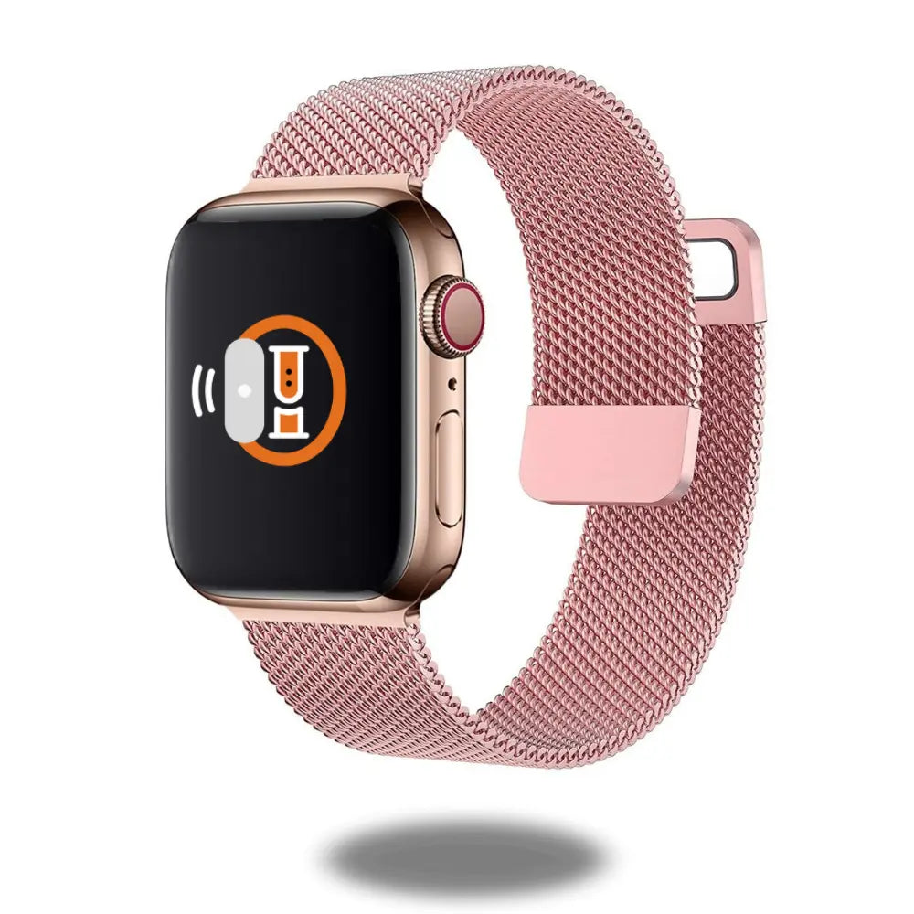 Double Magnetic Milanese Loop Apple Watch Band in rose gold with adjustable mesh design and strong stainless steel lugs.