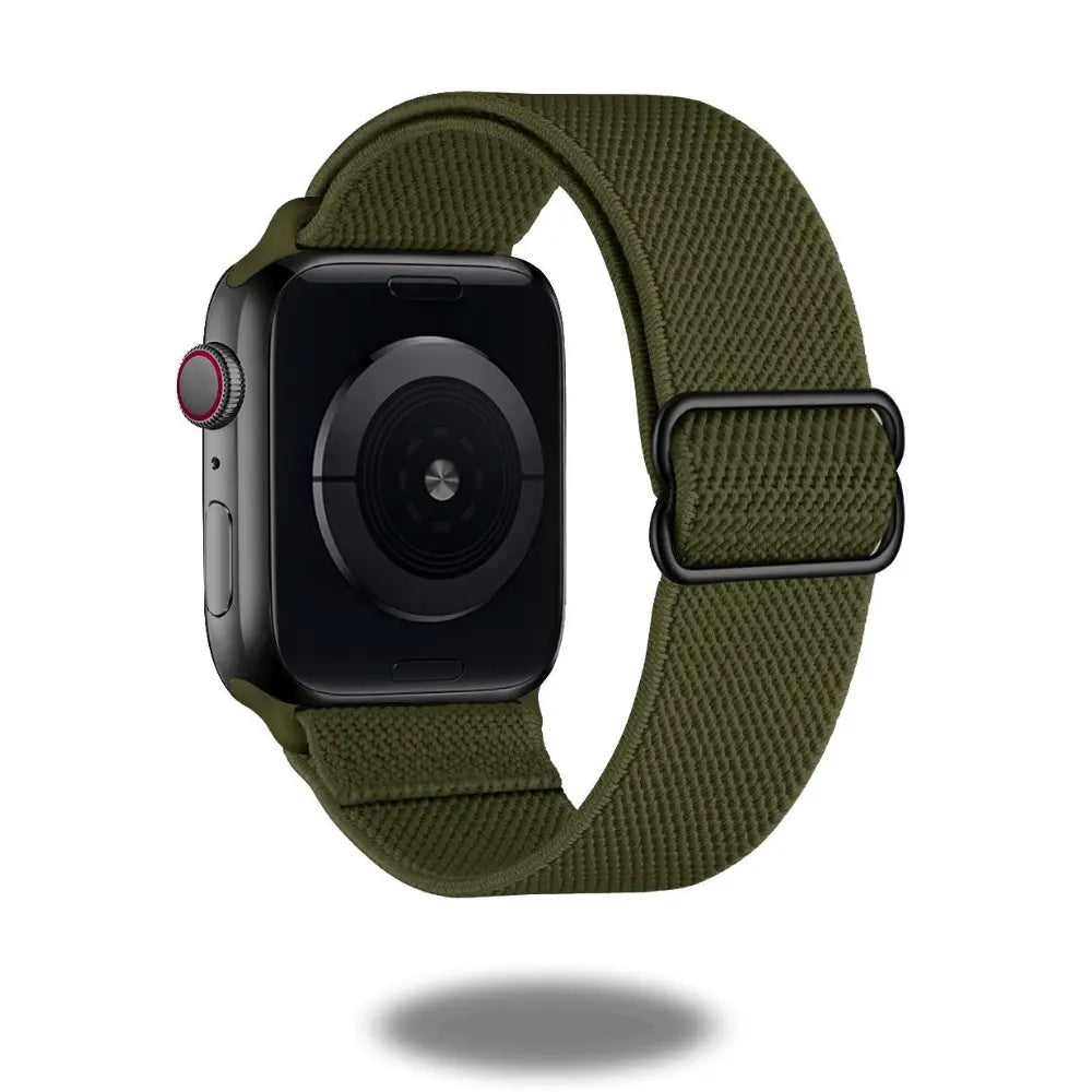 High-quality stretchy polyester apple watch band in olive green, providing style and comfort with a unique woven texture.
