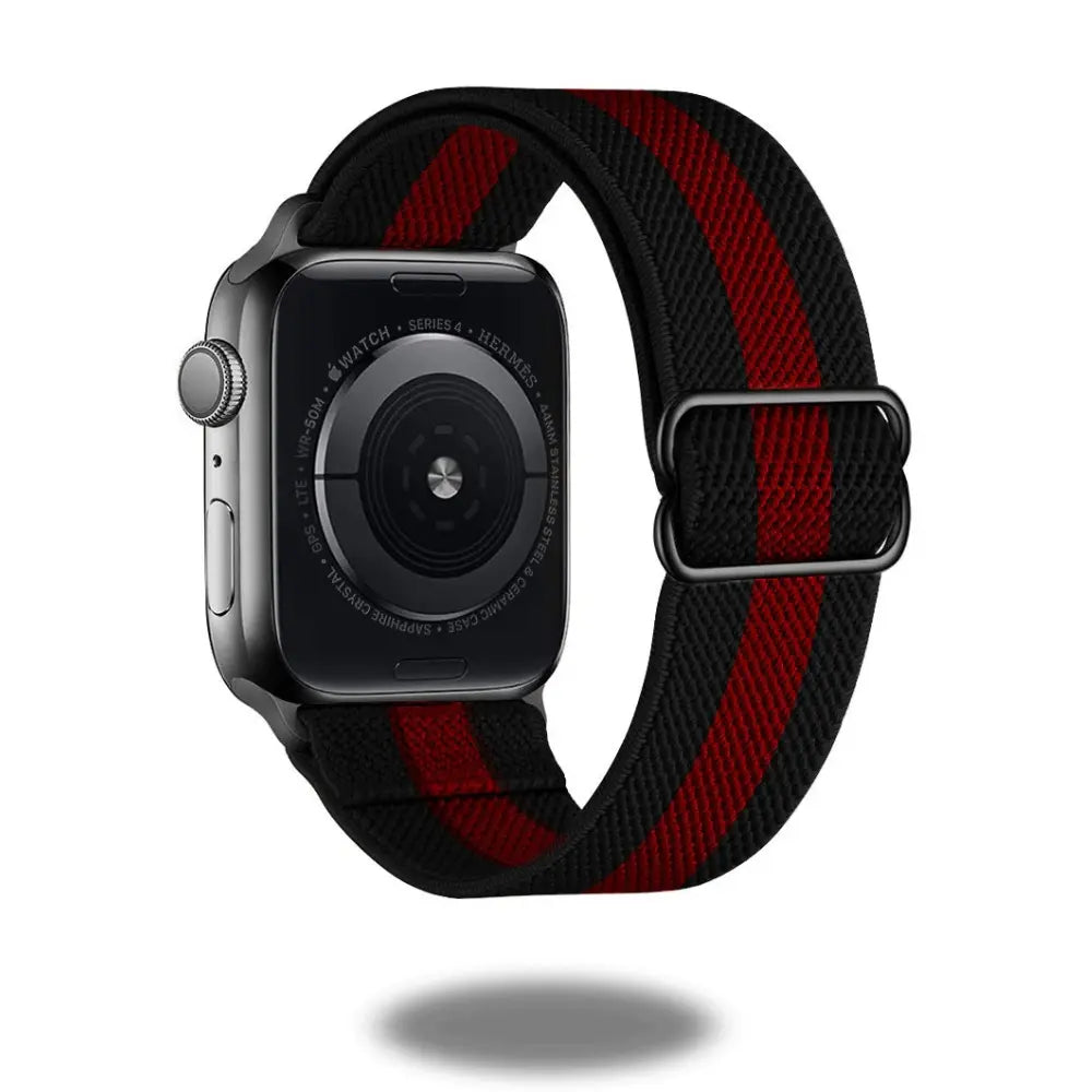Stylish black and red stretchy polyester apple watch band, offering comfort and unique design for everyday wear.