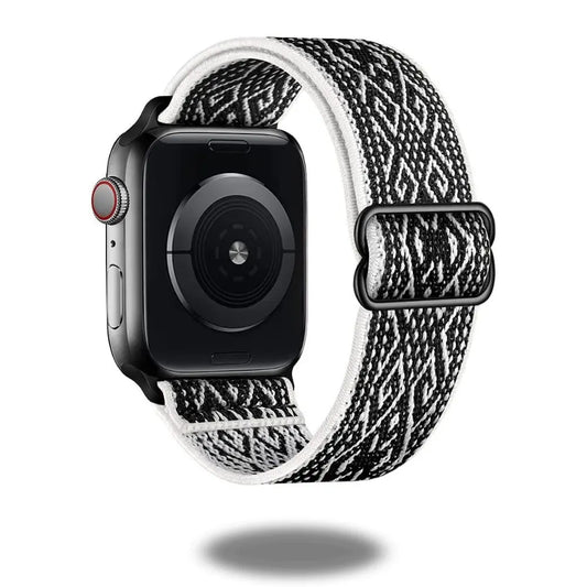 Stylish stretchy elastic strap for Apple Watch with a unique woven pattern in black and white, perfect for comfort and easy cleaning.