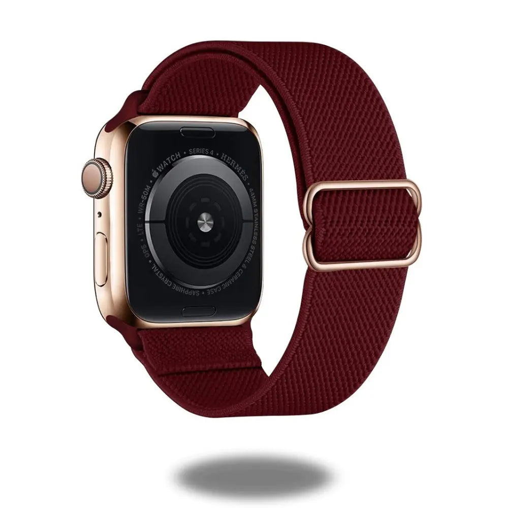High-quality stretchy elastic strap for Apple Watch in burgundy, offering style, comfort, and easy cleaning suitable for daily wear.