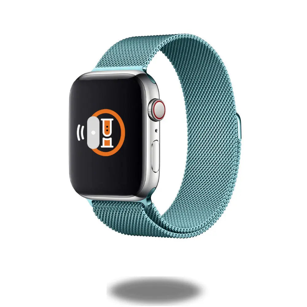 Metal Mesh Loop wristband in blue, showcasing smooth stainless steel design and magnetic adjustability for a perfect fit.