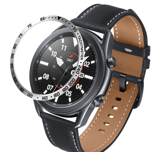 Stylish stainless steel bezel ring for Samsung Galaxy Watch enhancing its appearance and highlighting the watch face.