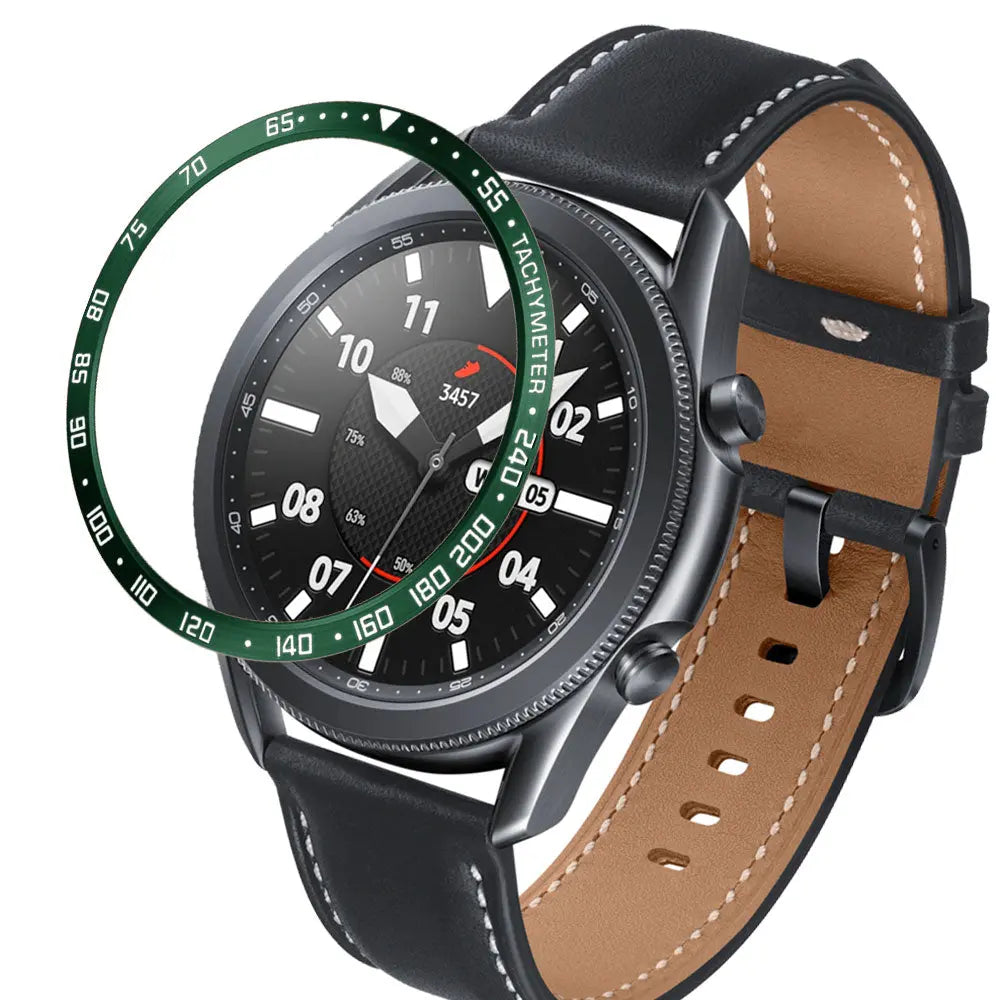 Bezel ring for Samsung Galaxy Watch in green highlighting stylish tachymeter feature.