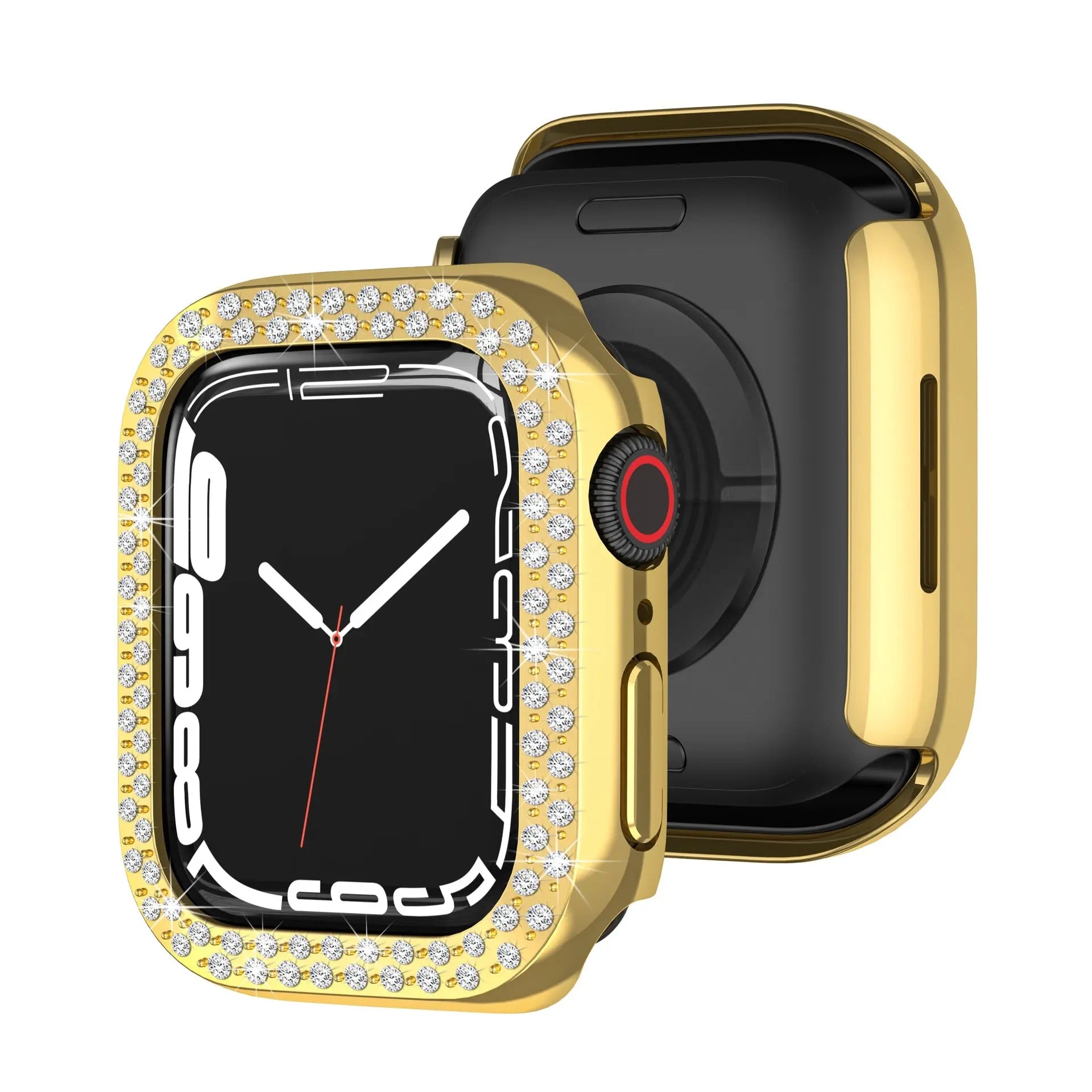 Rhinestones sparkle Apple Watch PC case for Series 9/8/7 in gold with black watch face, showcasing bling and style.