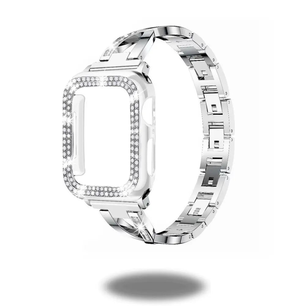 Jewelry Slim Strap with PU Case for Apple Watch, adorned with rhinestones for a feminine touch, perfect for special occasions.