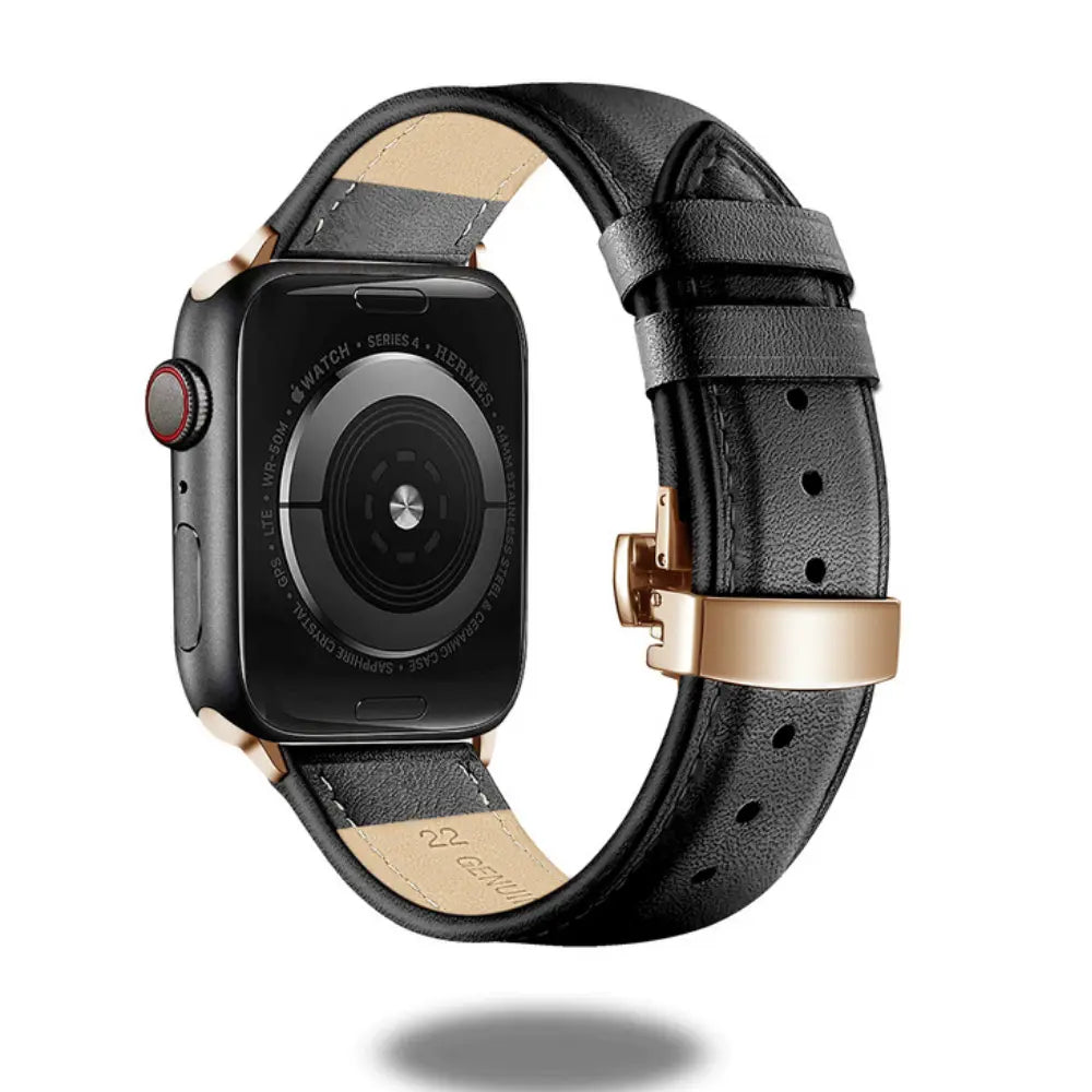 Luxurious leather bracelet strap for smartwatch, featuring a gold butterfly buckle and soft, genuine leather for comfort.