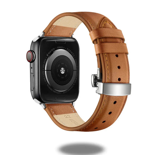 Luxurious leather bracelet strap for Apple Watch, featuring soft genuine leather and stainless steel butterfly buckle.