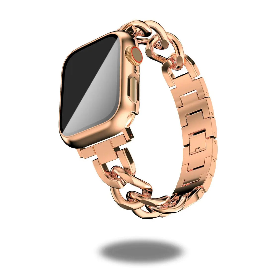 Luxury Cuban bracelet for Apple Watch in rose gold with chunky chain design, premium stainless steel, and polished finish.