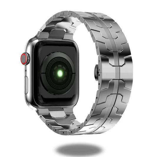 Luxury stainless steel bracelet for smartwatches, crafted with satin-brushed 316L steel and a custom butterfly closure.