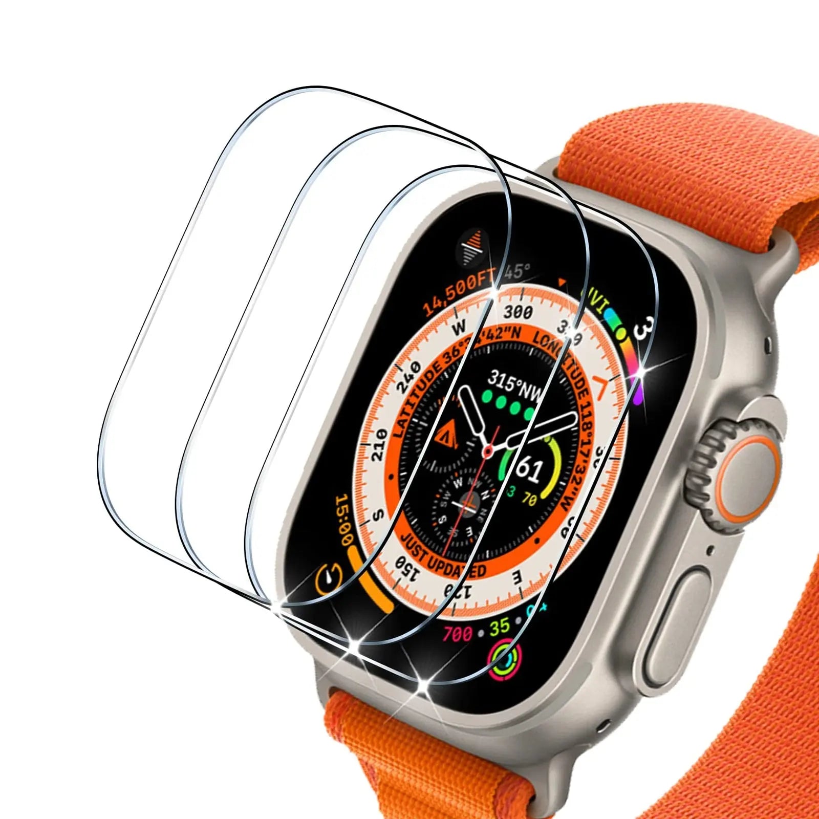 Screen protector for Apple Watch Ultra 49mm displaying crystal-clear defense and touchscreen compatibility.