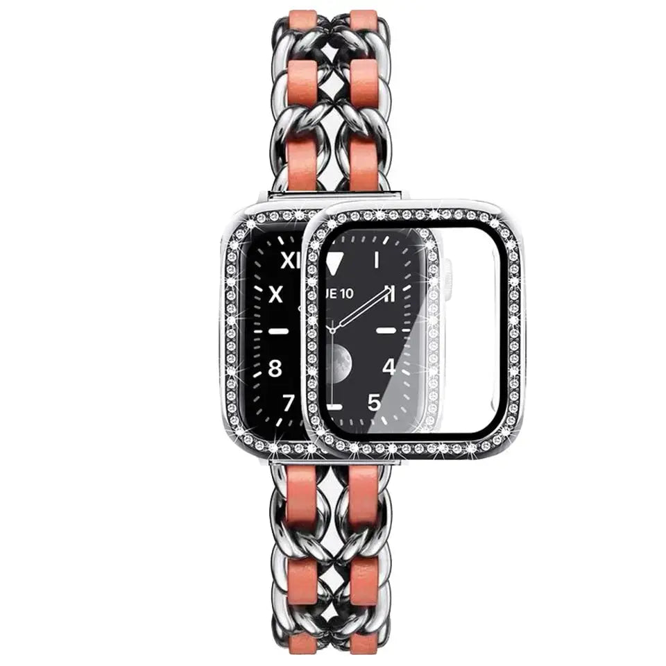 Luxury stainless steel chain bracelet for Apple Watch with rhinestone case and leather accents.