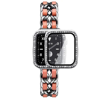 Luxury stainless steel chain bracelet for Apple Watch with rhinestone case and leather accents.