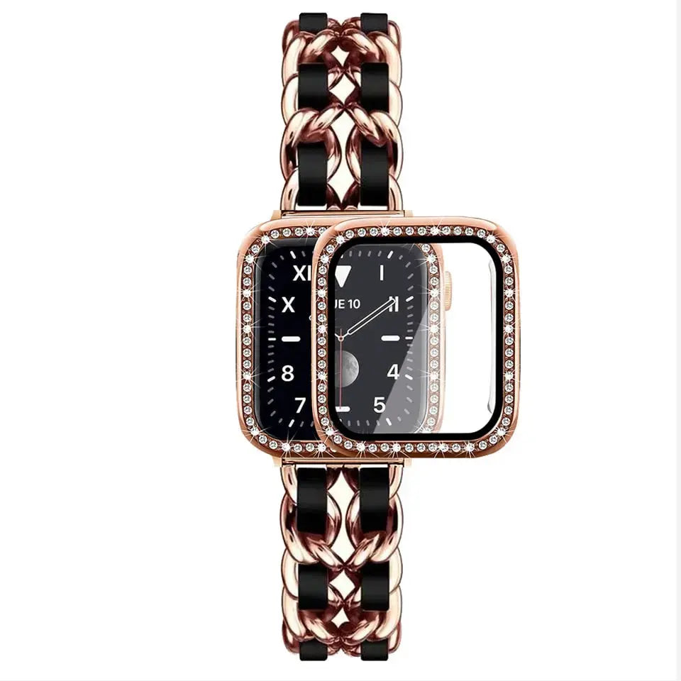 Luxury stainless steel chain bracelet with rhinestone case for Apple Watch, featuring leather strap accent.